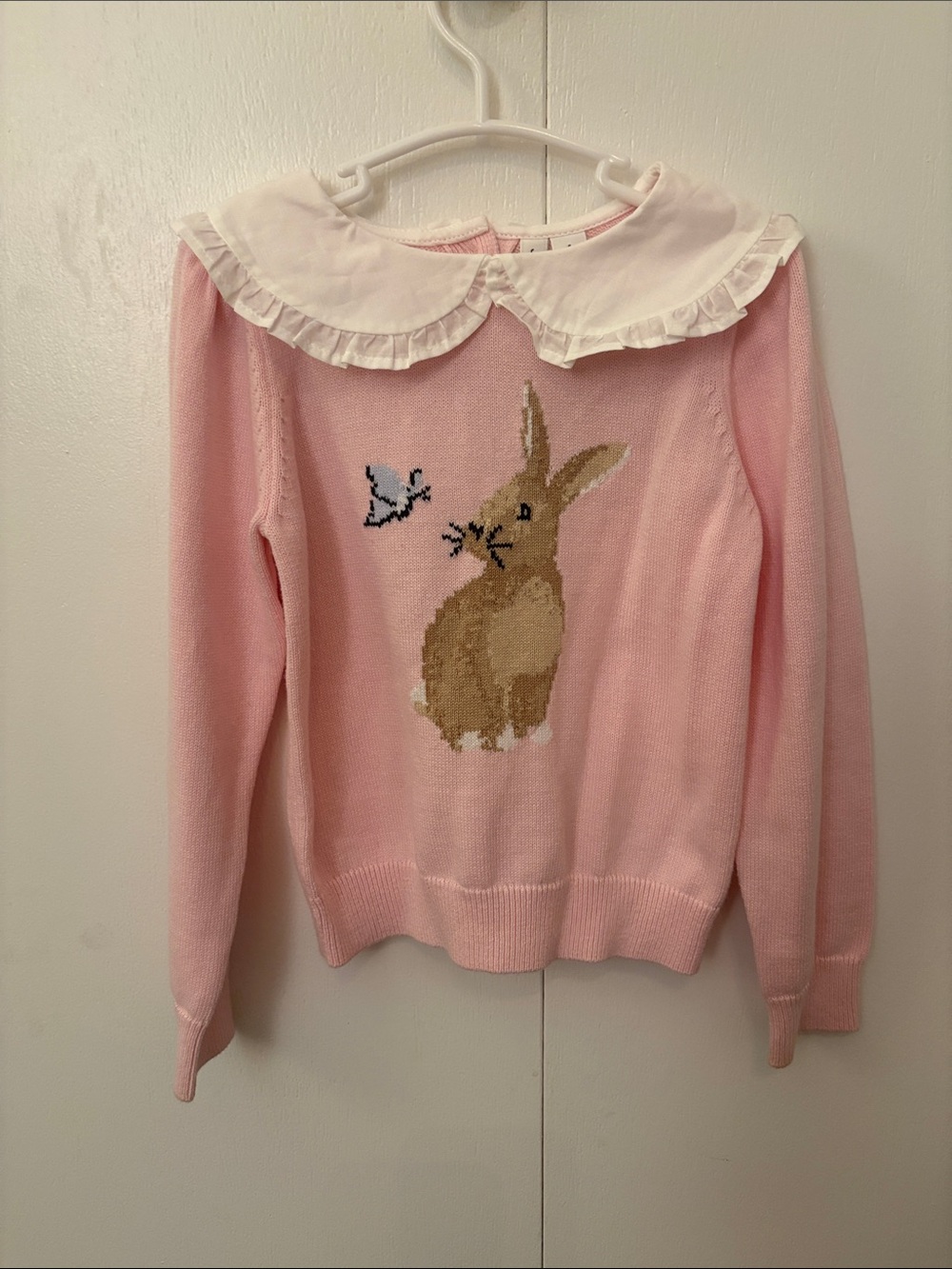 Janie and Jack Pink Bunny Intarsia Crewneck Sweater with White Peter Pan Collar